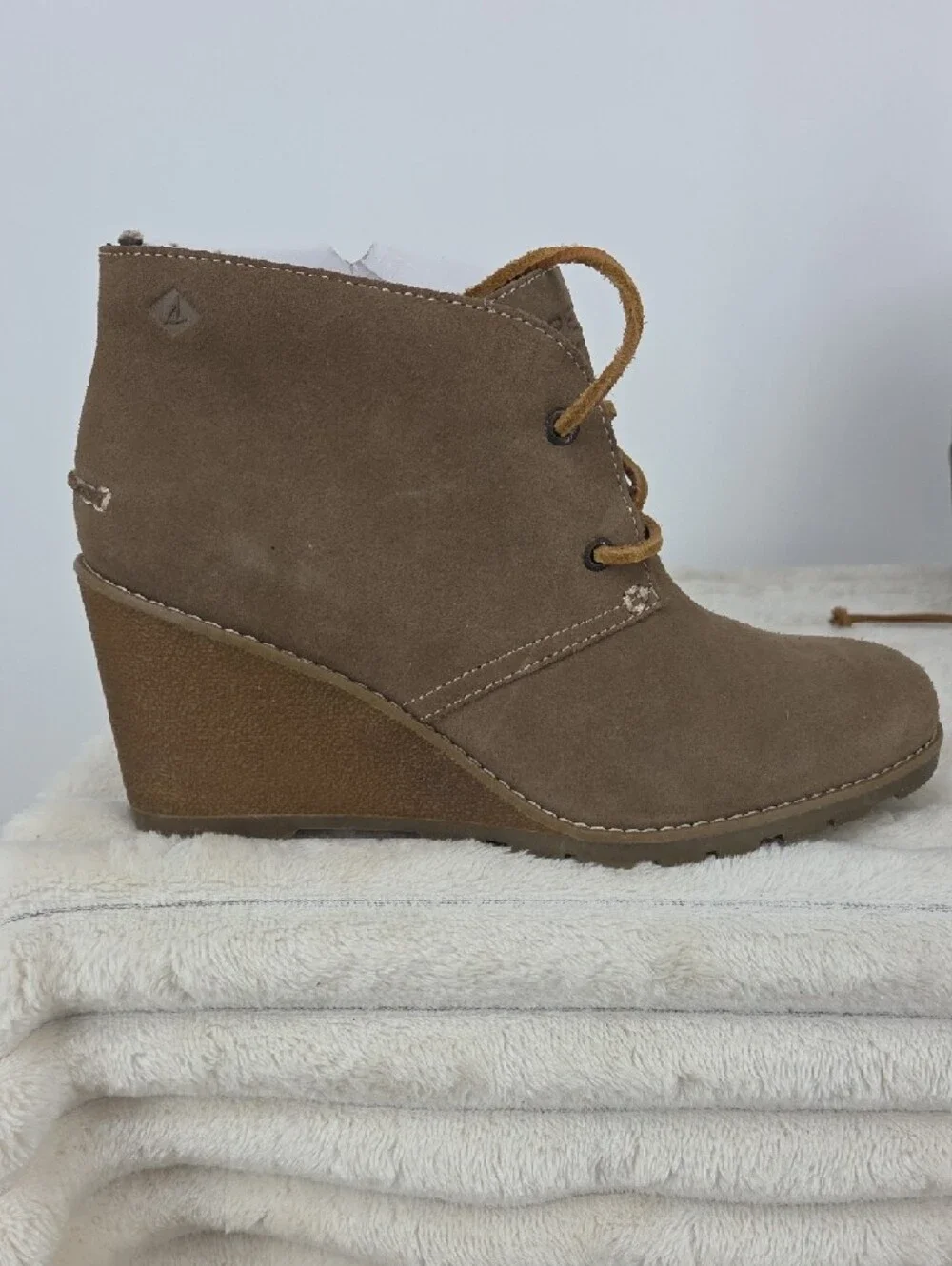 Sperry Brown Taupe Suede Wedge Lace-Up Ankle Boots